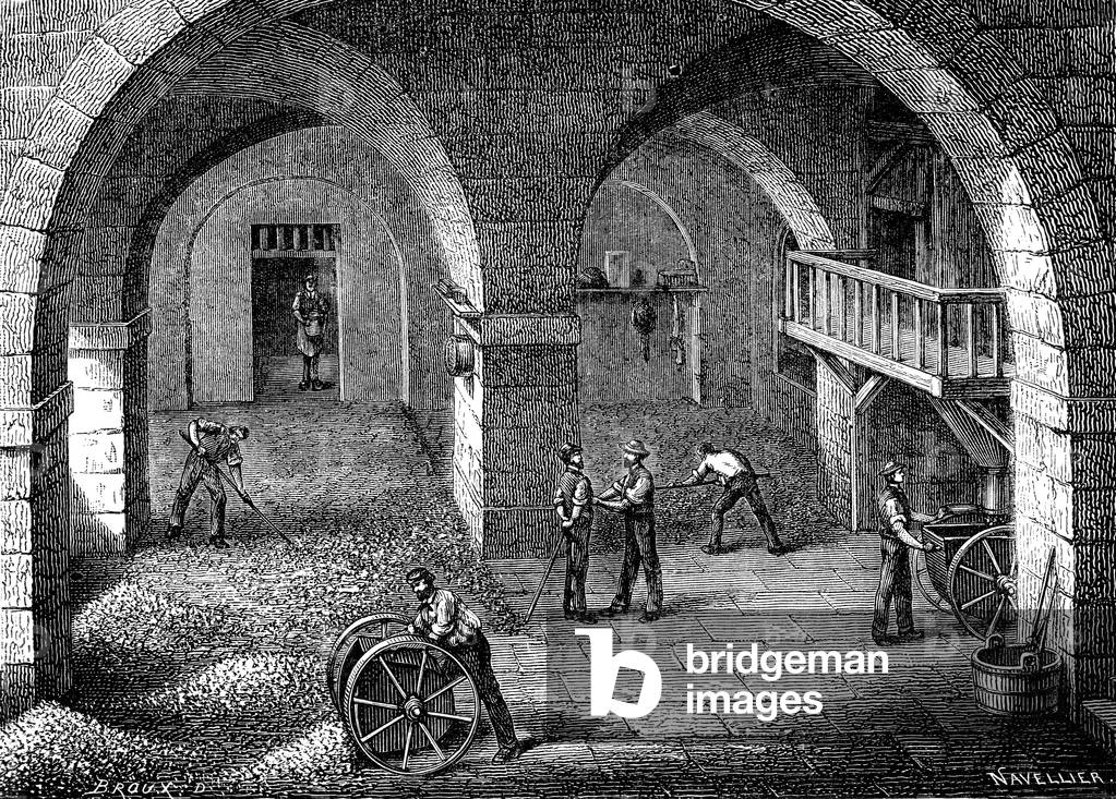 Beer industry-  A barley germinator in a London brewery
, 1867