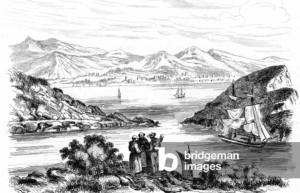 View of Villa Franca, Ile des Acores. Engraving 1834