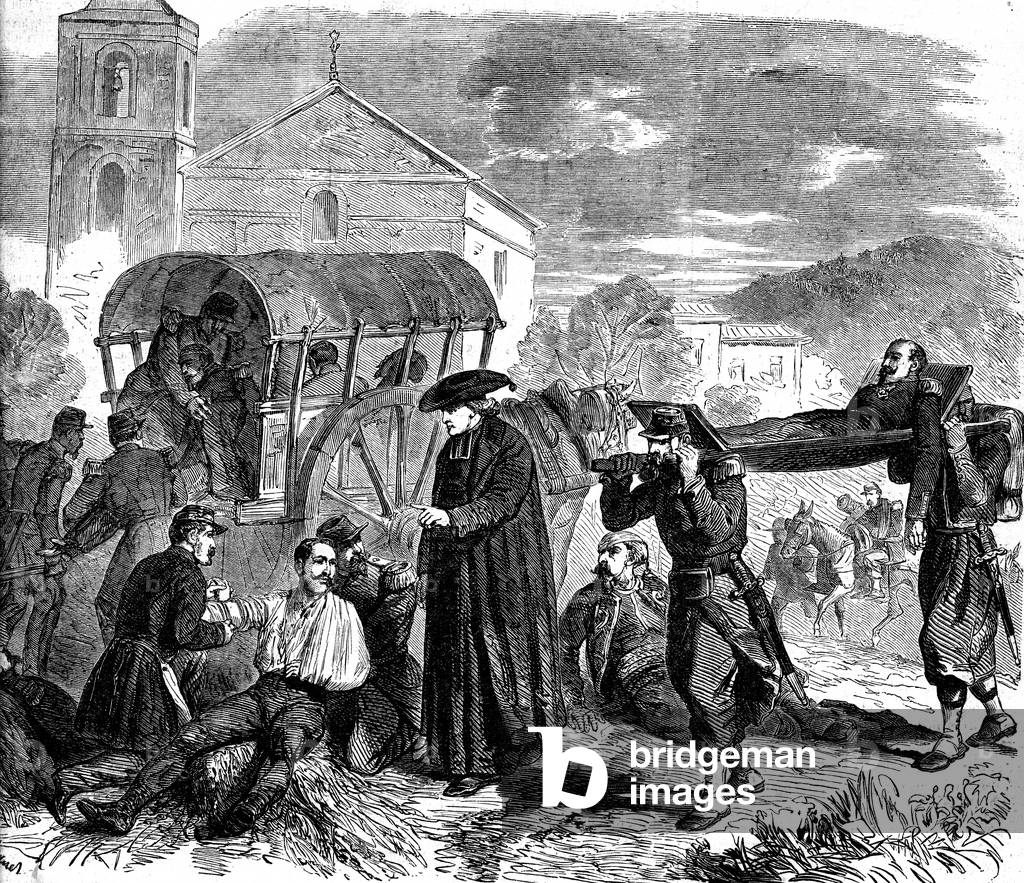 The priest Laine, military chaplain, at the Solferino battle. 1865  (engraving)