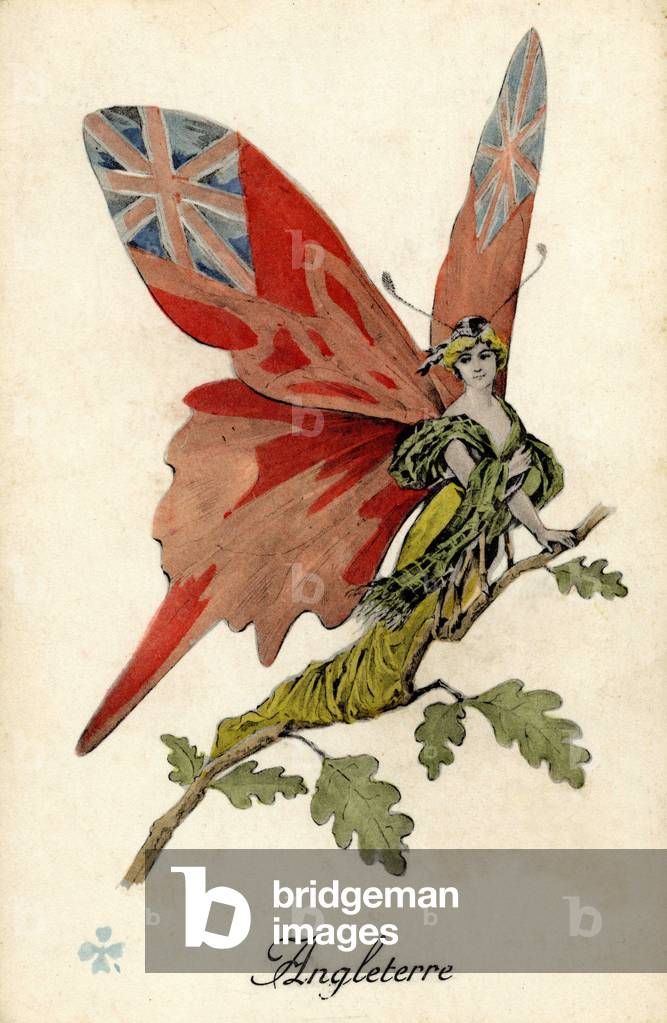 Allegory of Great Britain (England): a young woman butterfly with wings color of the English flag; Postcard from the beginning of the 20th century