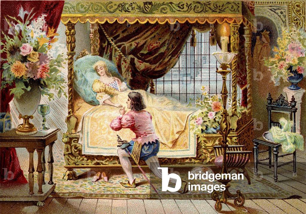 Sleeping Beauty: illustration of Charles Perrault's tale. The prince enters the room and sees the young woman asleep. Chromolithography of the late 19th century