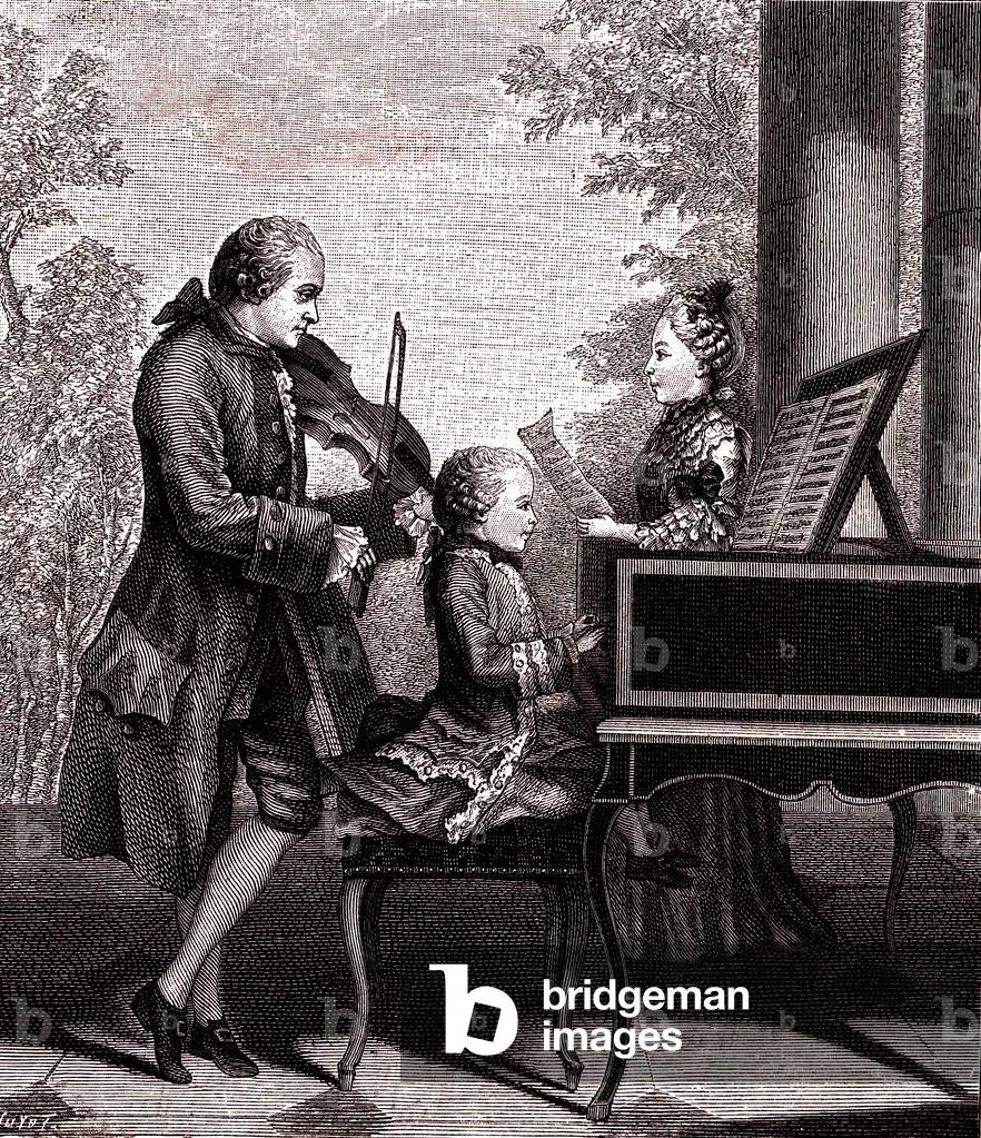 Wolfgang Amadeus Mozart at seven, with his father Leopold, 1878 (Engraving)