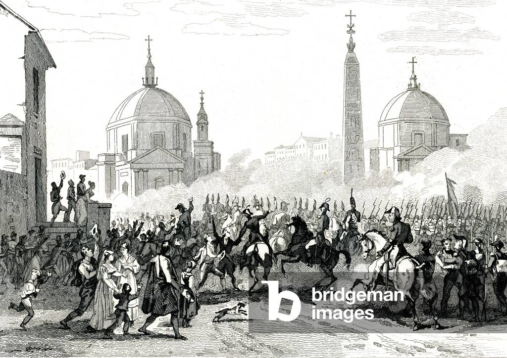 The entry of the French army in Rome on 15 February 1798. Italian campaign by Napoleon. Engraving 1872