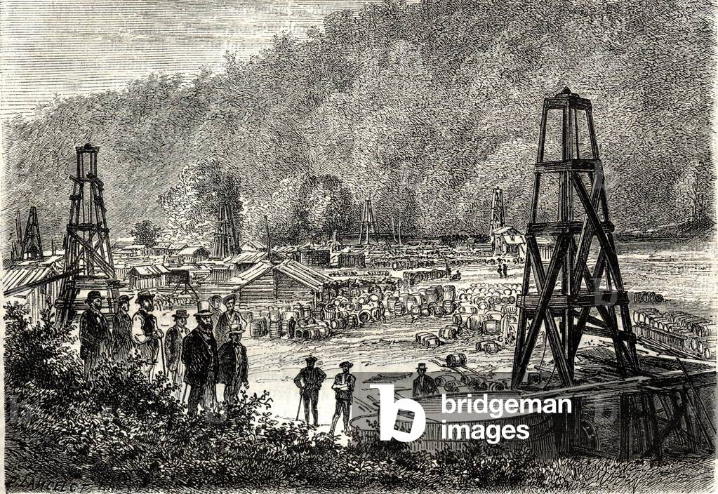 Oil extraction in Pennsylvania in 1869 19th century engraving