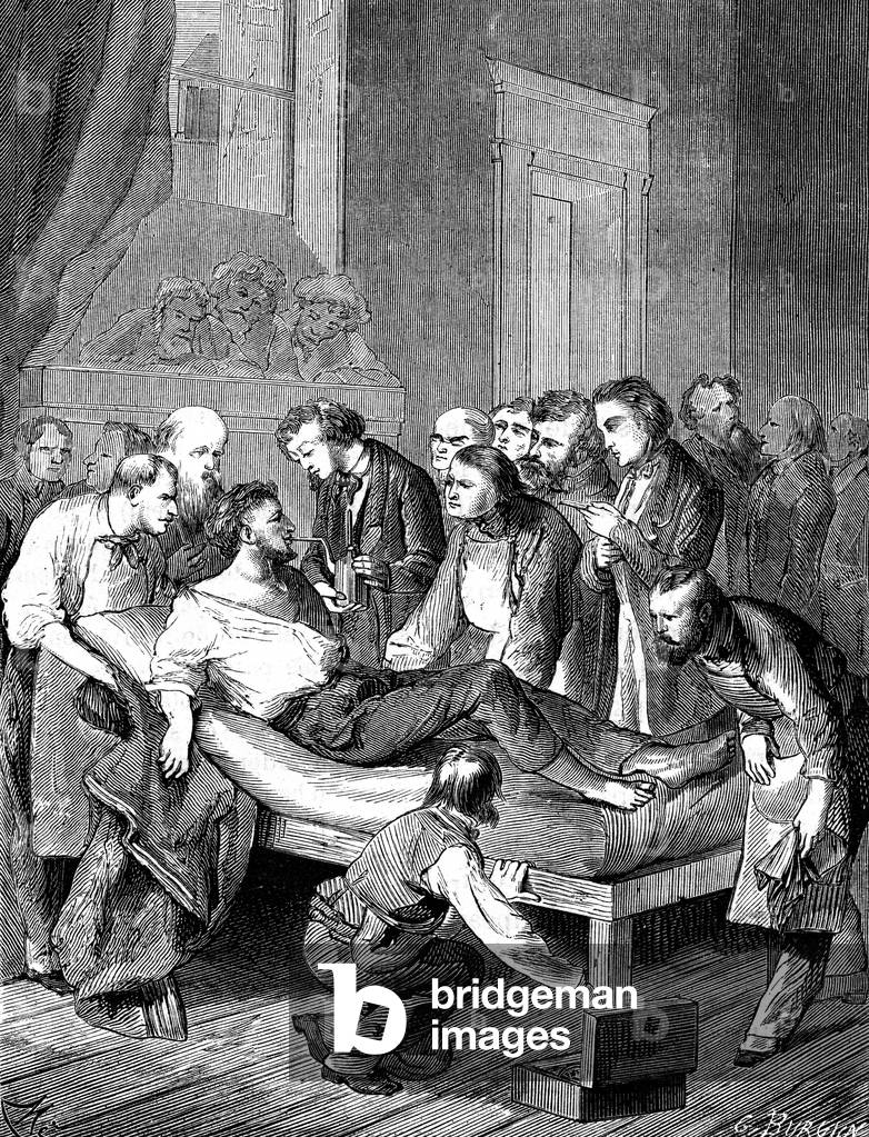 Dr. William Morton (1819-1868) worked in surgery at Boston Hospital with the sulfuric ether (Anesthesic). Engraving 1868