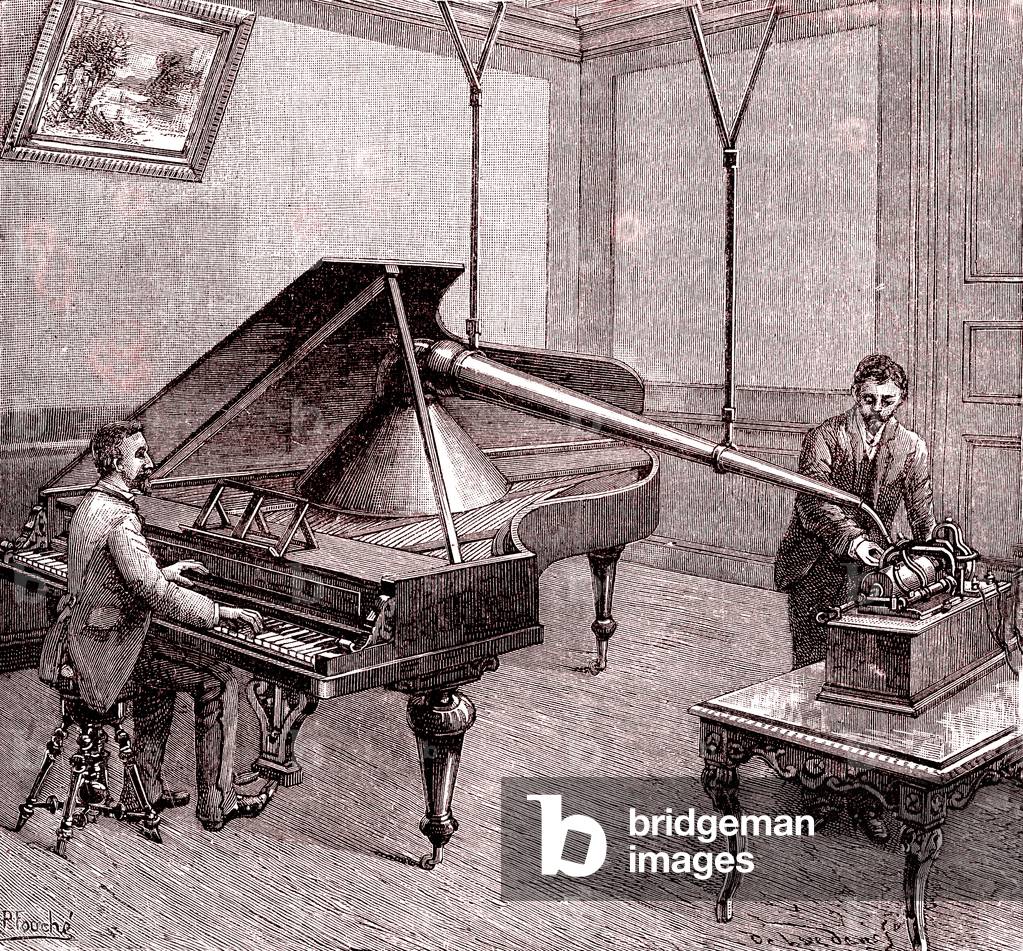 Phonographic inscription of musical sounds, 1891 (engraving)