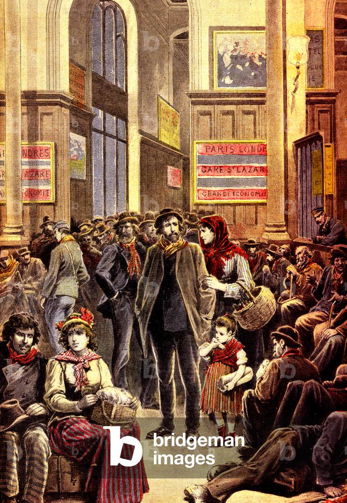 Italian emigrants in Paris in the Gare Saint Lazare railway station in March 1896 (engraving)