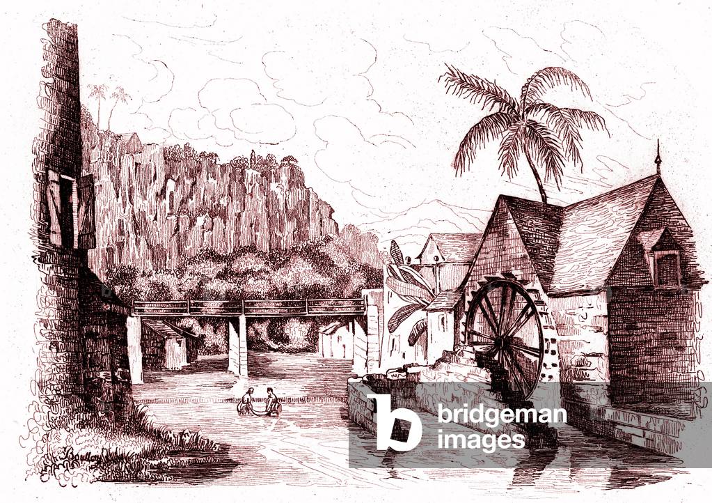 Pont de la Riviere des Galets at St Denis de La Reunion - Voyages by James Cook (1728-1779), Engraved 1834