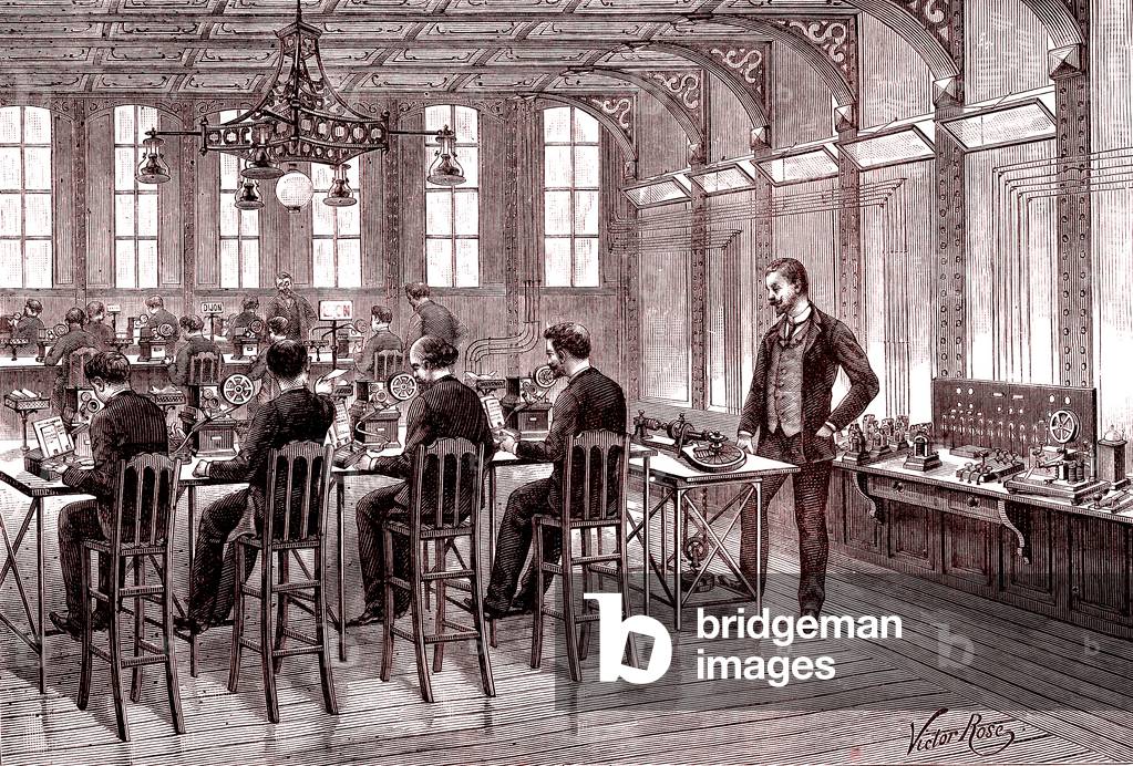 Multiple BAUDOT telegraph station.Central telegraph office,  1878 (engraving)