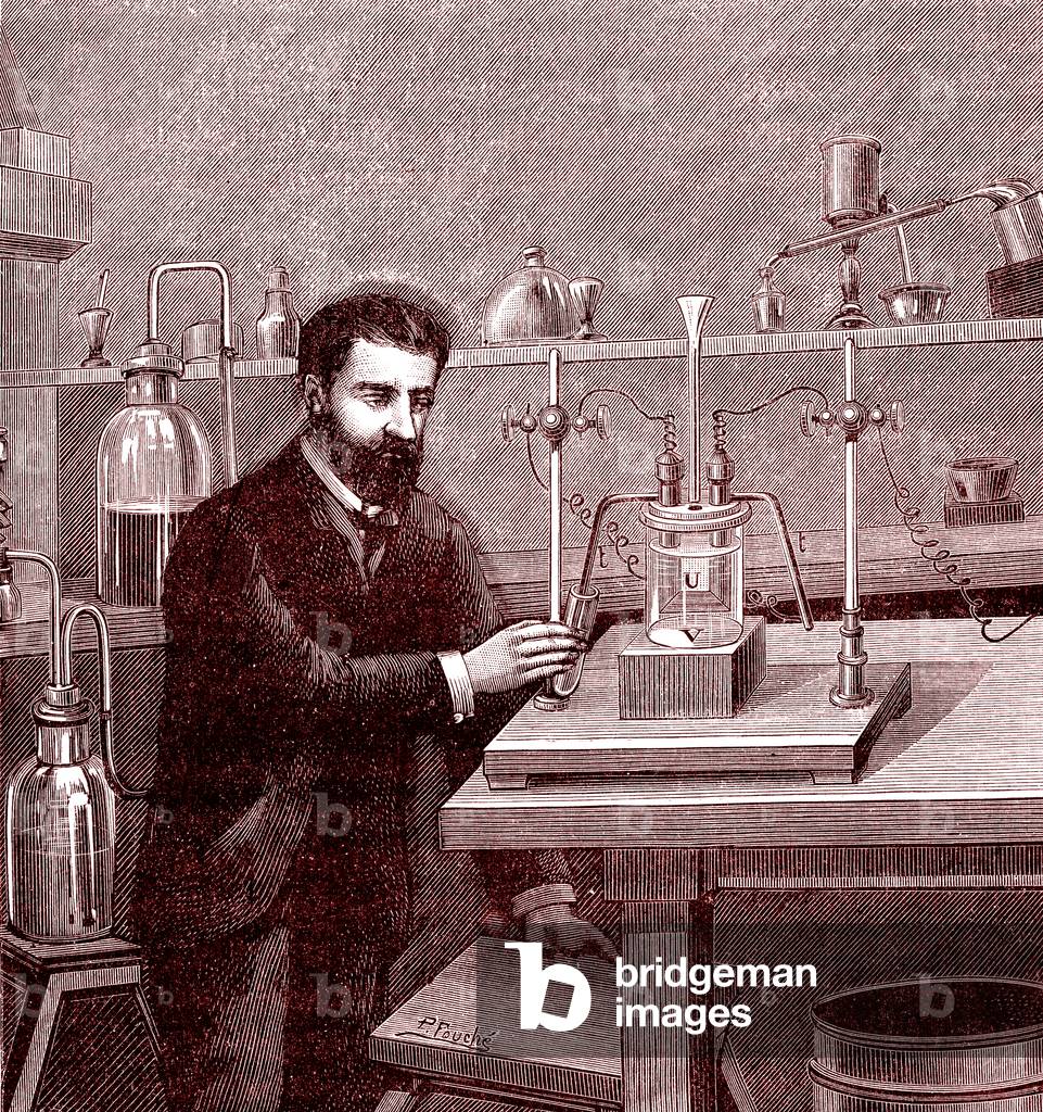Electrolysis of hydrofluoric acid, fluorine insulation, 1891 (engraving)