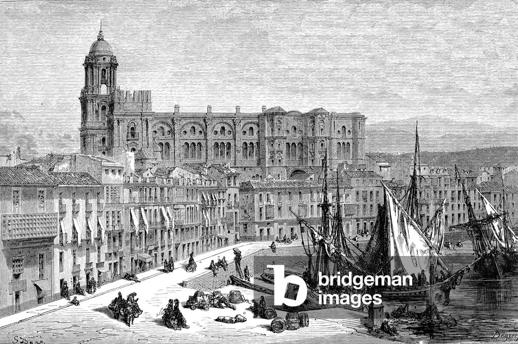 MALAGA, Spain in 1865 - Drawing by Gustave Dore 1865