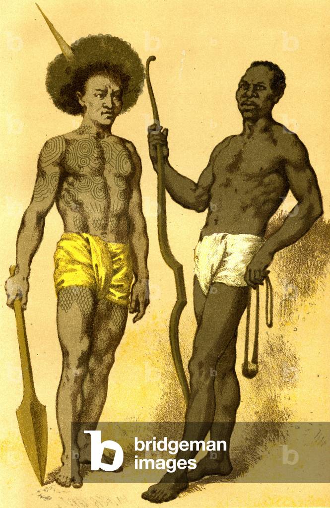 Black race (Human races): Papua (left) man from Guinea (right) (engraving)