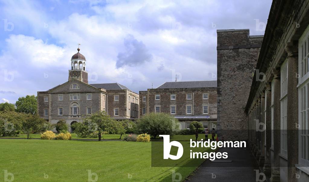 View along granite colonnade to the Trafalgar block, of the former Royal Naval Hospital, Plymouth (photo)