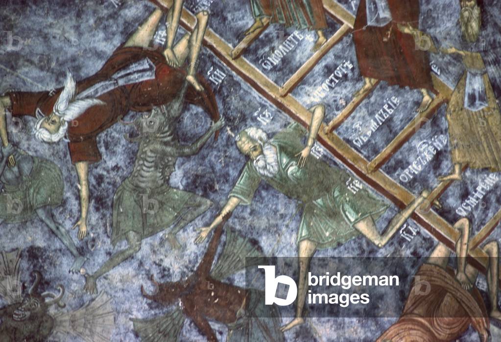 Sinners dragged by demons, detail of the Ladder of Heaven painting, north wall of the church, c.1601 (fresco)