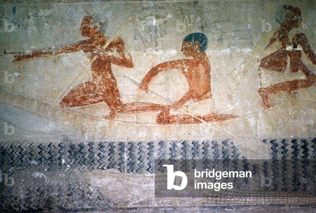 Fishermen and a crocodile from the North wall of the Mastaba Chapel of Ti, Old Kingdom (wall painting)