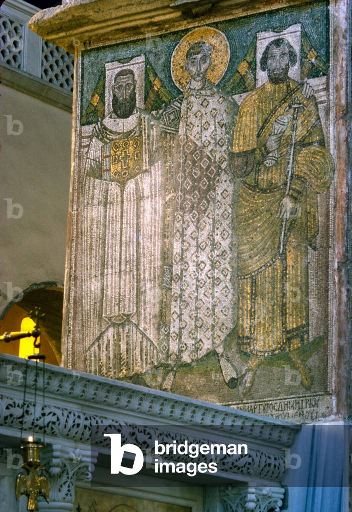 St Demetrius and donors, mosaic in the Church of Agios Georgios (photo)