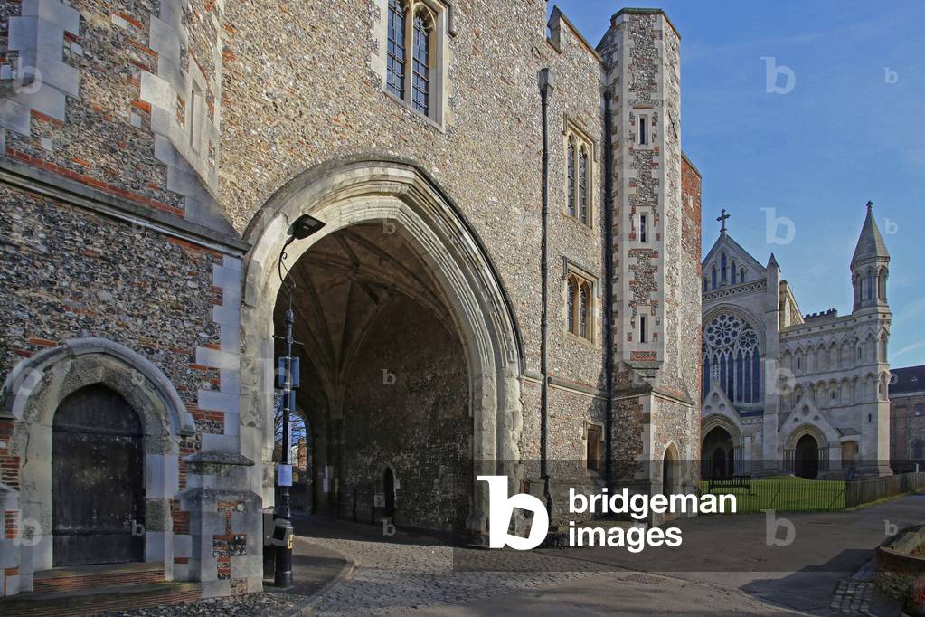 Abbey Gateway with West Front in the background, St. Albans Cathedral, Hertfordshire (photo)