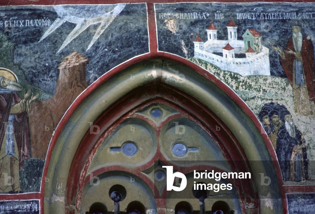 Gothic window and the life of St Pachomius, from the north wall of the church, c.1601 (fresco)