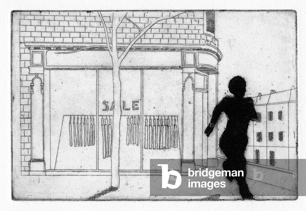 The shopkeeper, terrified by Hieronymus, cowered and then fled, 2011 (etching)