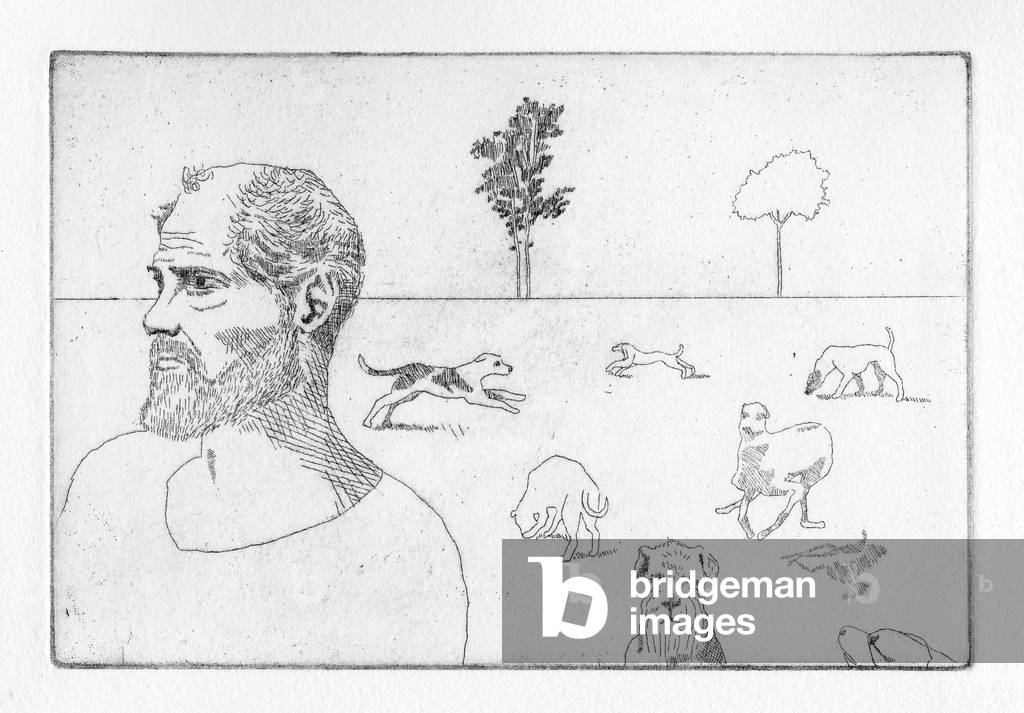 If he tried to take a peaceful amble in the park, dogs would swarm around him, 2011 (etching)