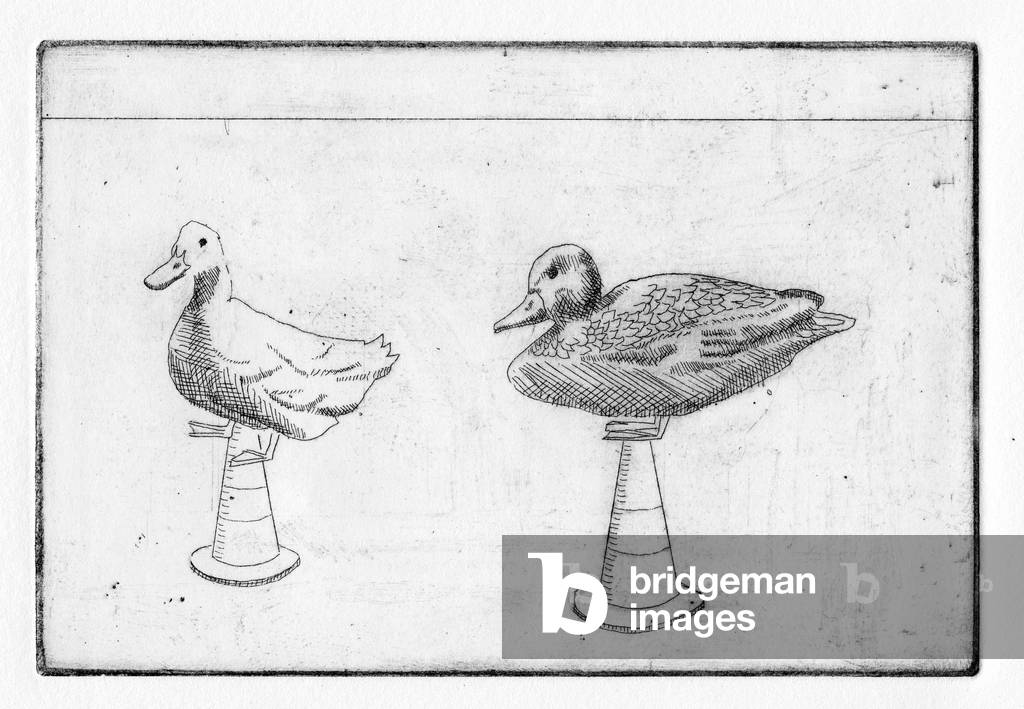 Hieronymus sought comfort by feeding the ducks. But they would only jump on cones, 2011 (etching)