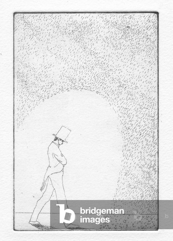 Hieronymus trudged home. It was raining, but the drops did not dare to land on him, 2011 (etching)