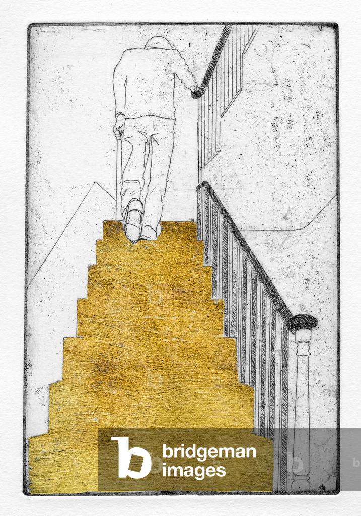 Upstairs (and those were gilded too), 2011 (etching with gold leaf)