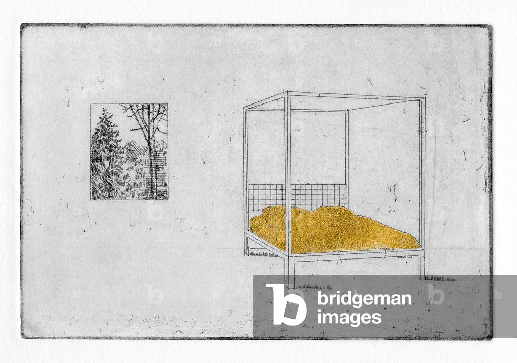 With much deftness, Paul gilded his bed to better dream of gold, 2011 (etching with gold leaf)