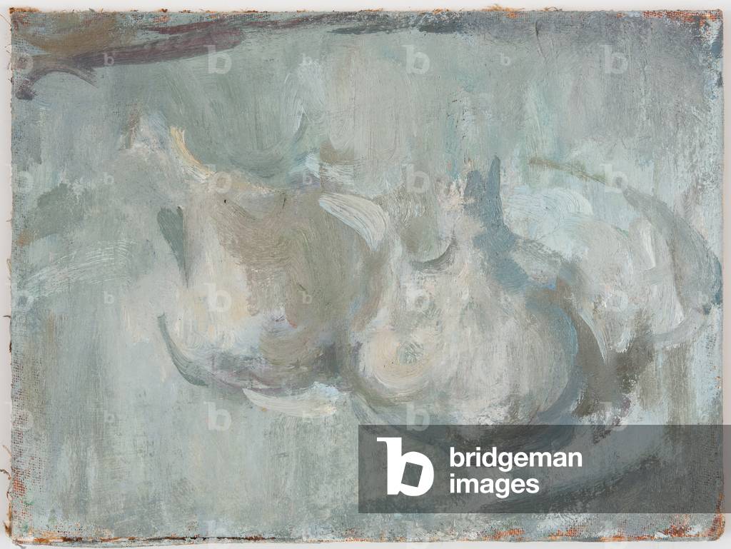 Two Garlic on a French Plate, 2016 (oil on canvas board)