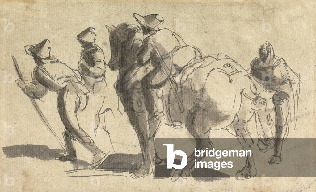 Figures and horses striding forward, c.1650 (pen & ink wash on paper)