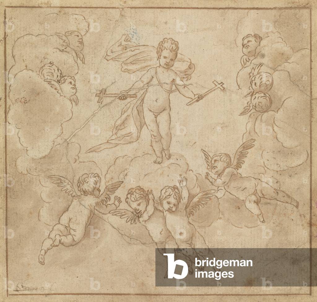"Der Kleinkind Christus in Herrlichkeit mit einem Kreuz in jeder Hand umkreist von putti (Stift & braune Tinte