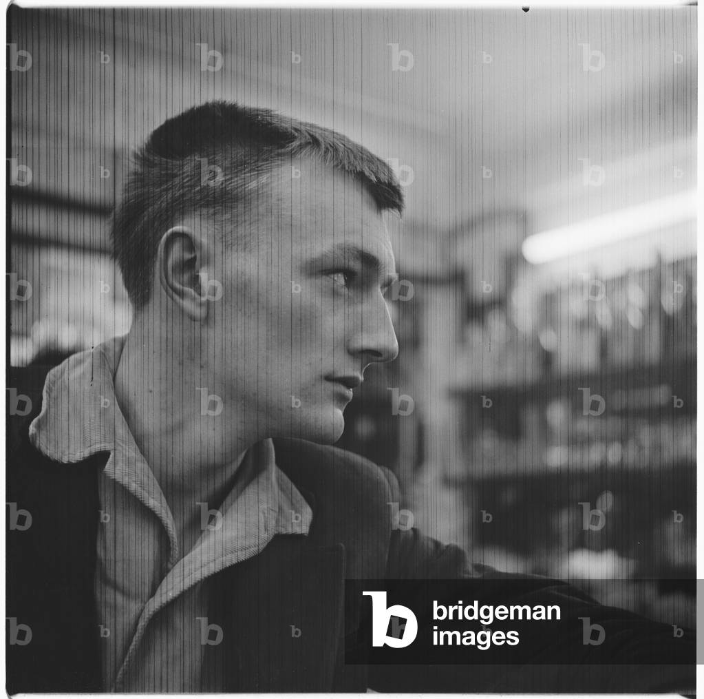 Ralph Rumney, portrait of artist and husband of Pegeen Guggenheim, daughter of Peggy Guggenheim, Soho, London, UK, mid 1950's (b/w photo)
