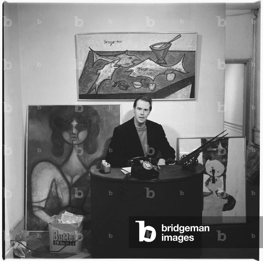 Victor Musgrave (1919-84) British poet, art dealer and curator, in 'Gallery One', Mayfair, London, UK, mid 1950's (b/w photo)
