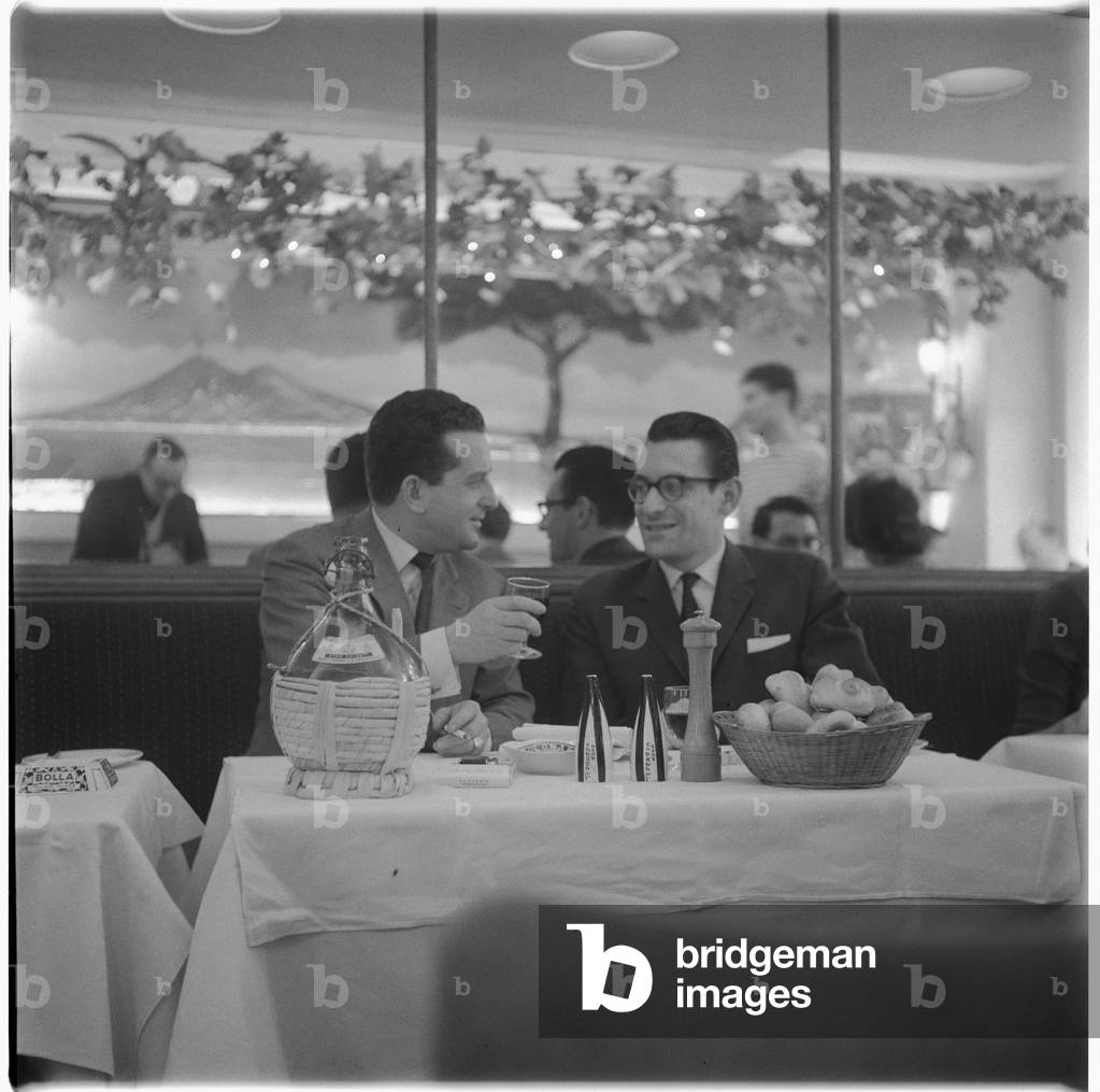 Franco & Mario, portrait of Mario Cassandro and Franco Lagattolla, owners of La Trattoria Terrazza in Romilly Street Soho, London, UK, mid 1950's (b/w photo)