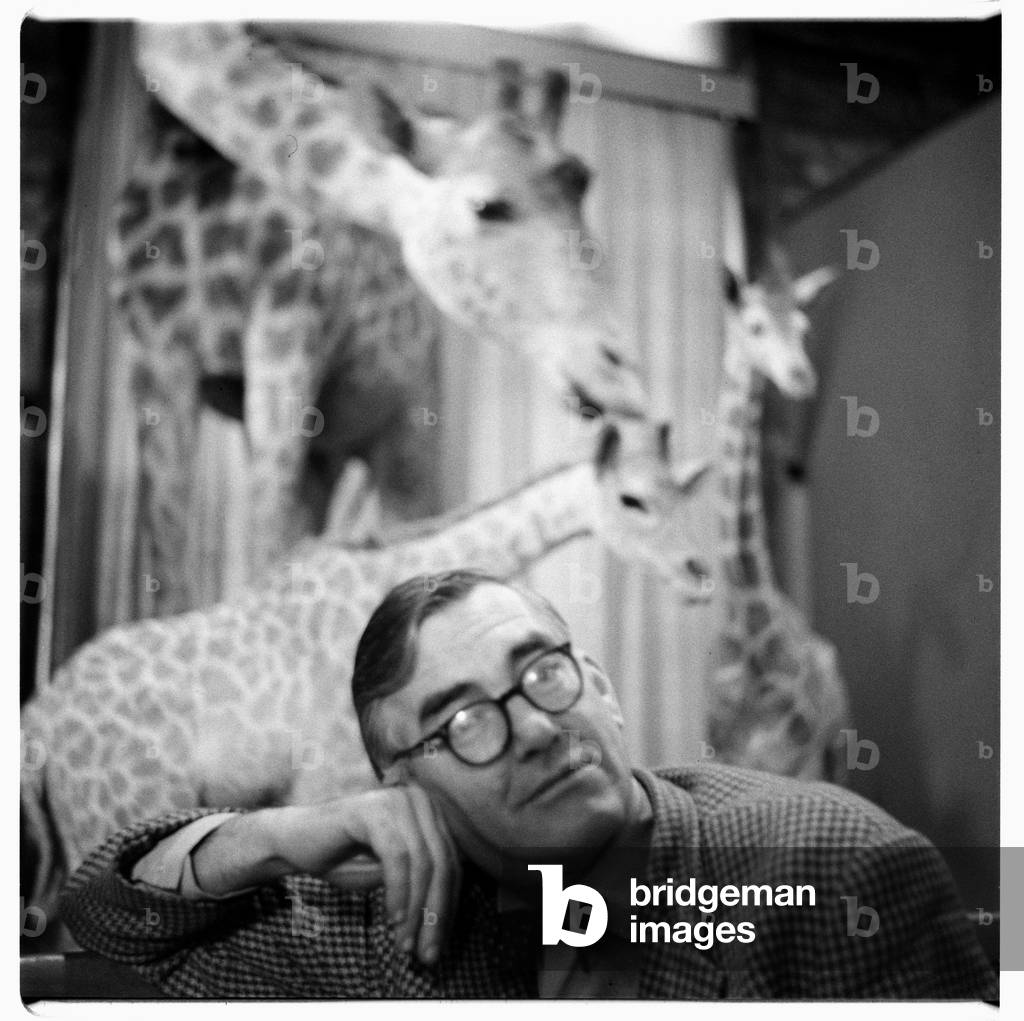 Anthony Carson / Peter Brooke, portrait of comic author Tony Carson with taxidermy, London, UK, early 1960's (b/w photo)