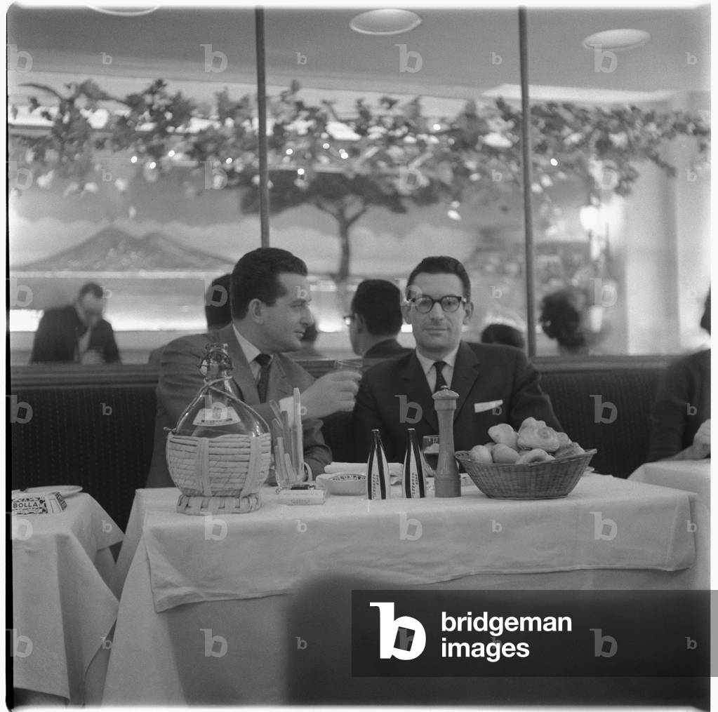 Franco & Mario, portrait of Mario Cassandro and Franco Lagattolla, owners of La Trattoria Terrazza in Romilly Street Soho, London, UK, mid 1950's (b/w photo)