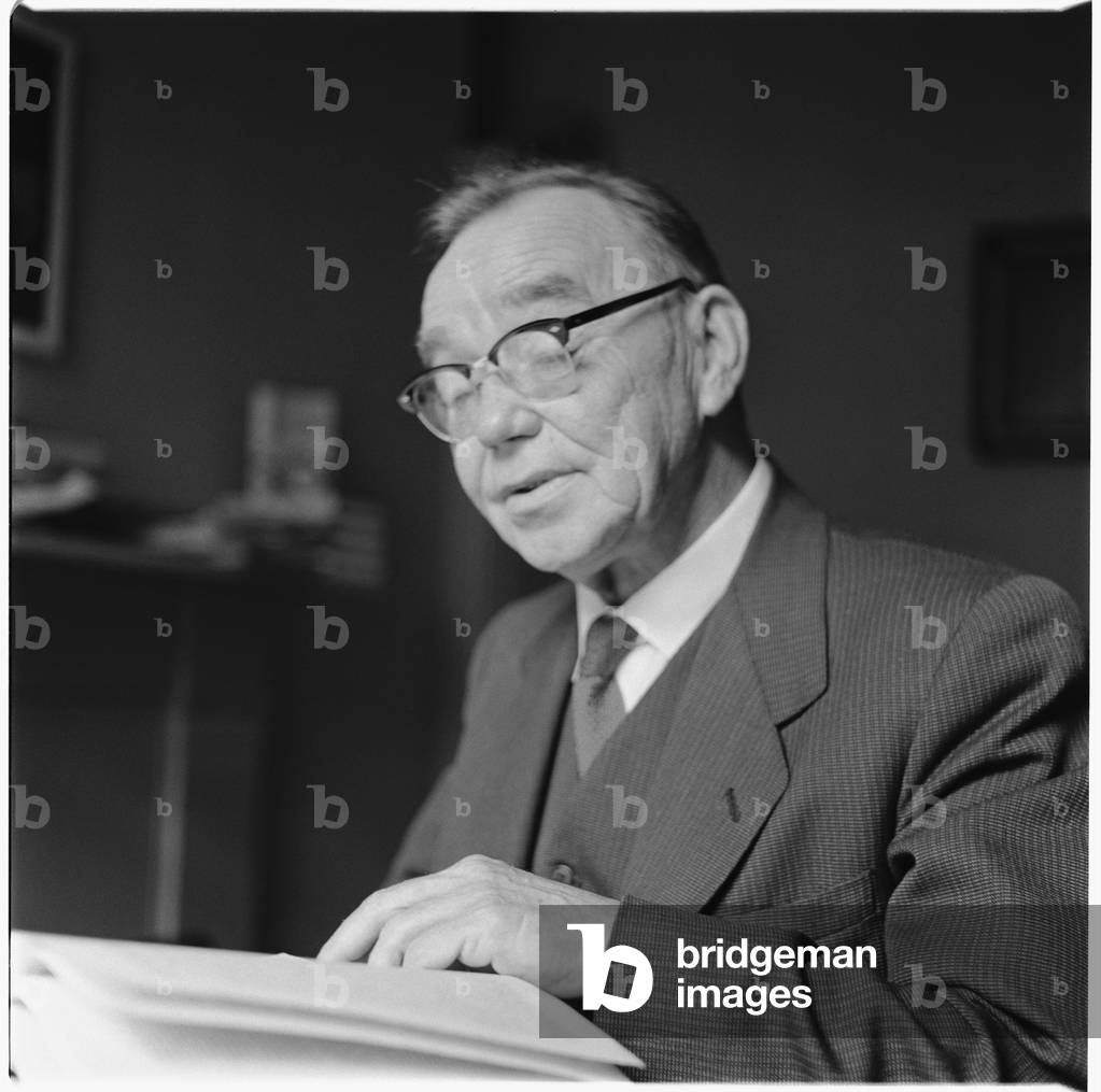 Arthur Horner, portrait of Welsh trade union leader and communist politician, mid 1950's, UK (b/w photo)