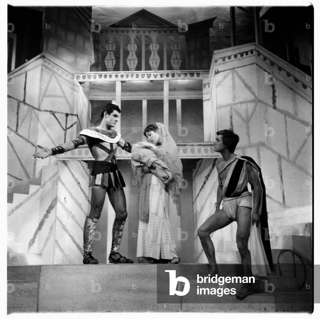 Lysistrata at National Theatre, images from a production of classic Greek play Lysistrata directed by Milos Volonakis starring Joan Greenwood, London 1983