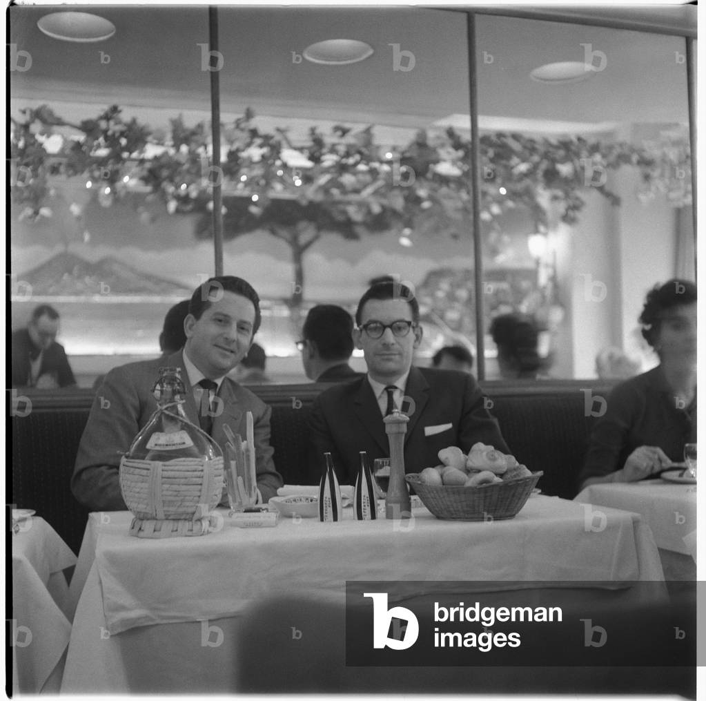Franco & Mario, portrait of Mario Cassandro and Franco Lagattolla, owners of La Trattoria Terrazza in Romilly Street Soho, London, UK, mid 1950's (b/w photo)