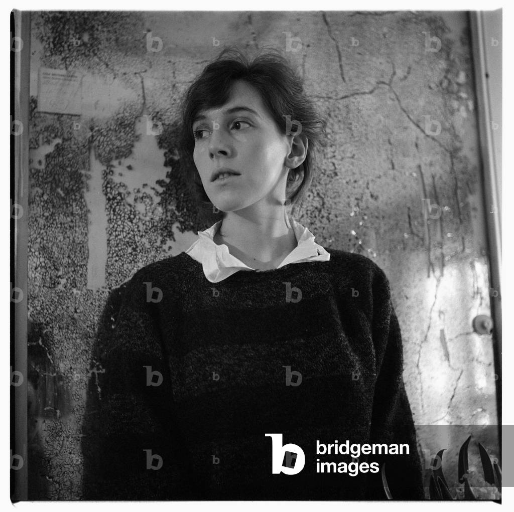 Janet Behrens, portrait of wife of artist Timothy Behrens at home in Britain possibly late 1950's (b/w photo)