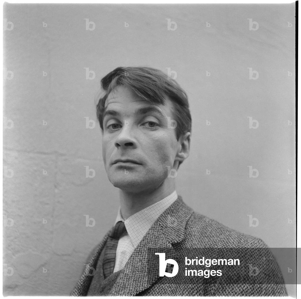 Oliver Bernard, portrait of poet and Rimbaud translator, and brother of Jeffrey and Bruce, London, UK, mid 1950's (b/w photo)