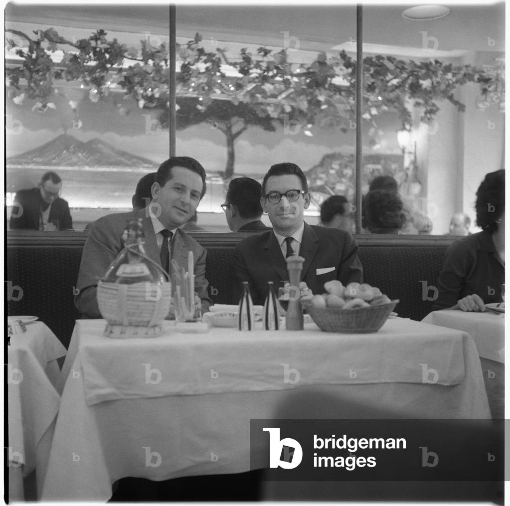 Franco & Mario, portrait of Mario Cassandro and Franco Lagattolla, owners of La Trattoria Terrazza in Romilly Street Soho, London, UK, mid 1950's (b/w photo)