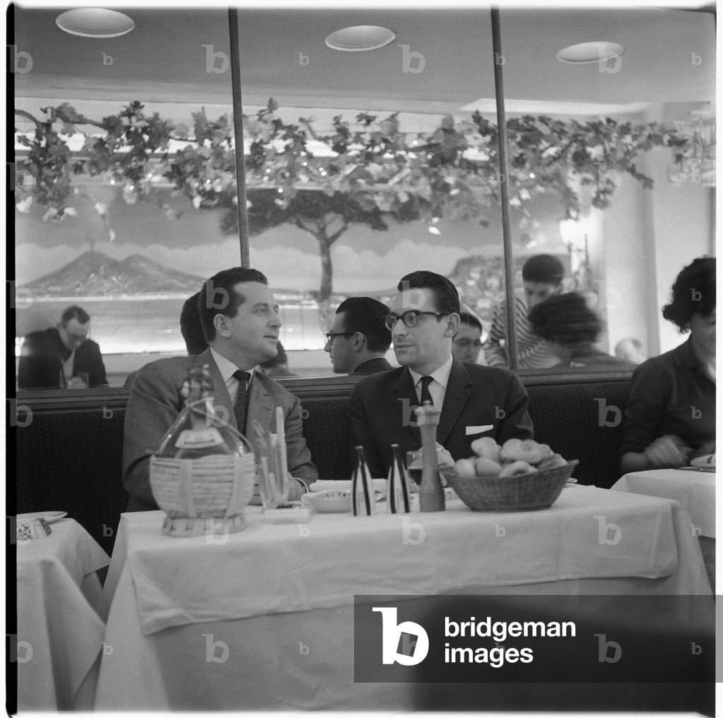 Franco & Mario, portrait of Mario Cassandro and Franco Lagattolla, owners of La Trattoria Terrazza in Romilly Street Soho, London, UK, mid 1950's (b/w photo)