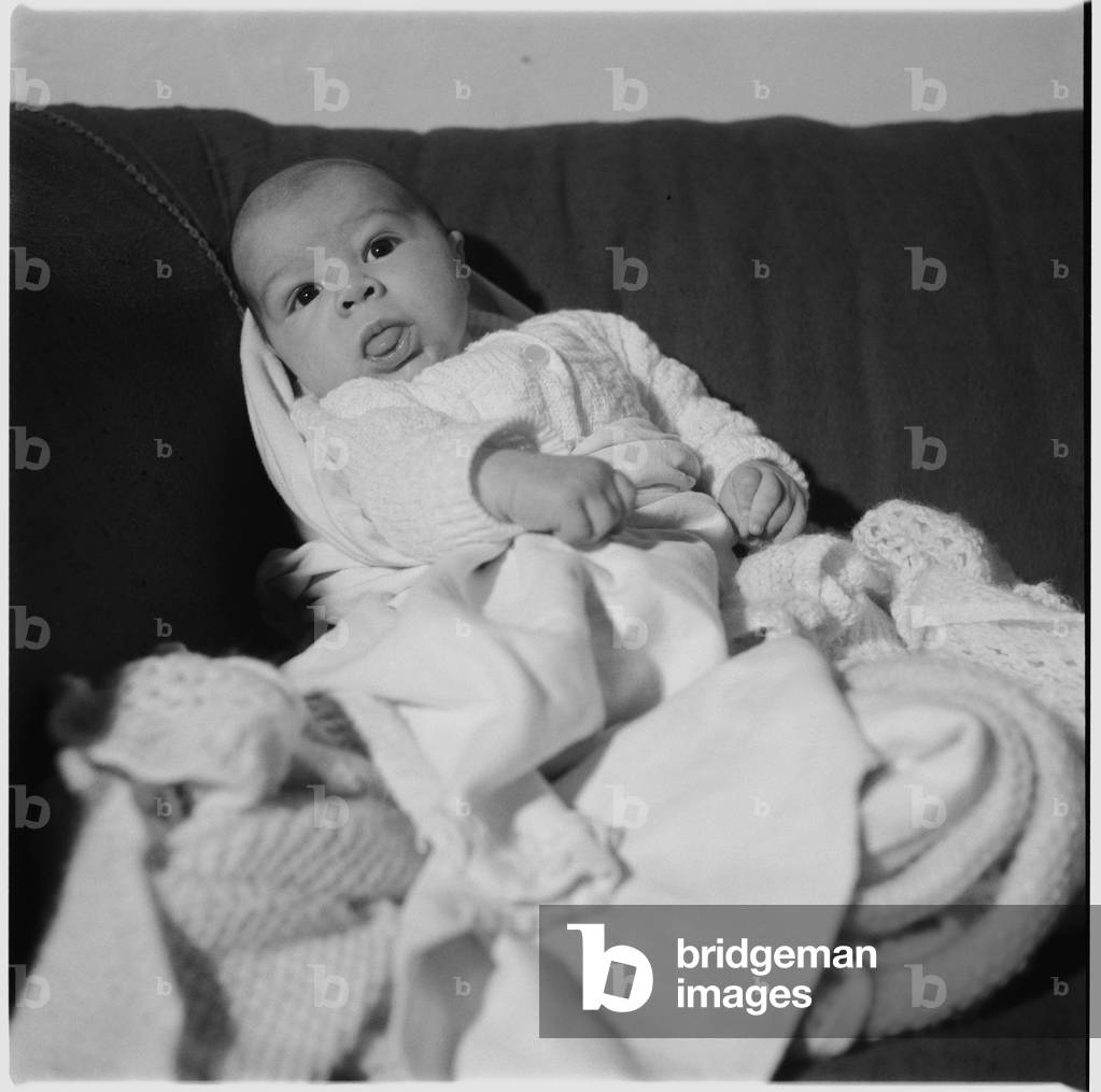 Geoff and Gwen Dove's newborn baby, c.1955 (b/w photo)