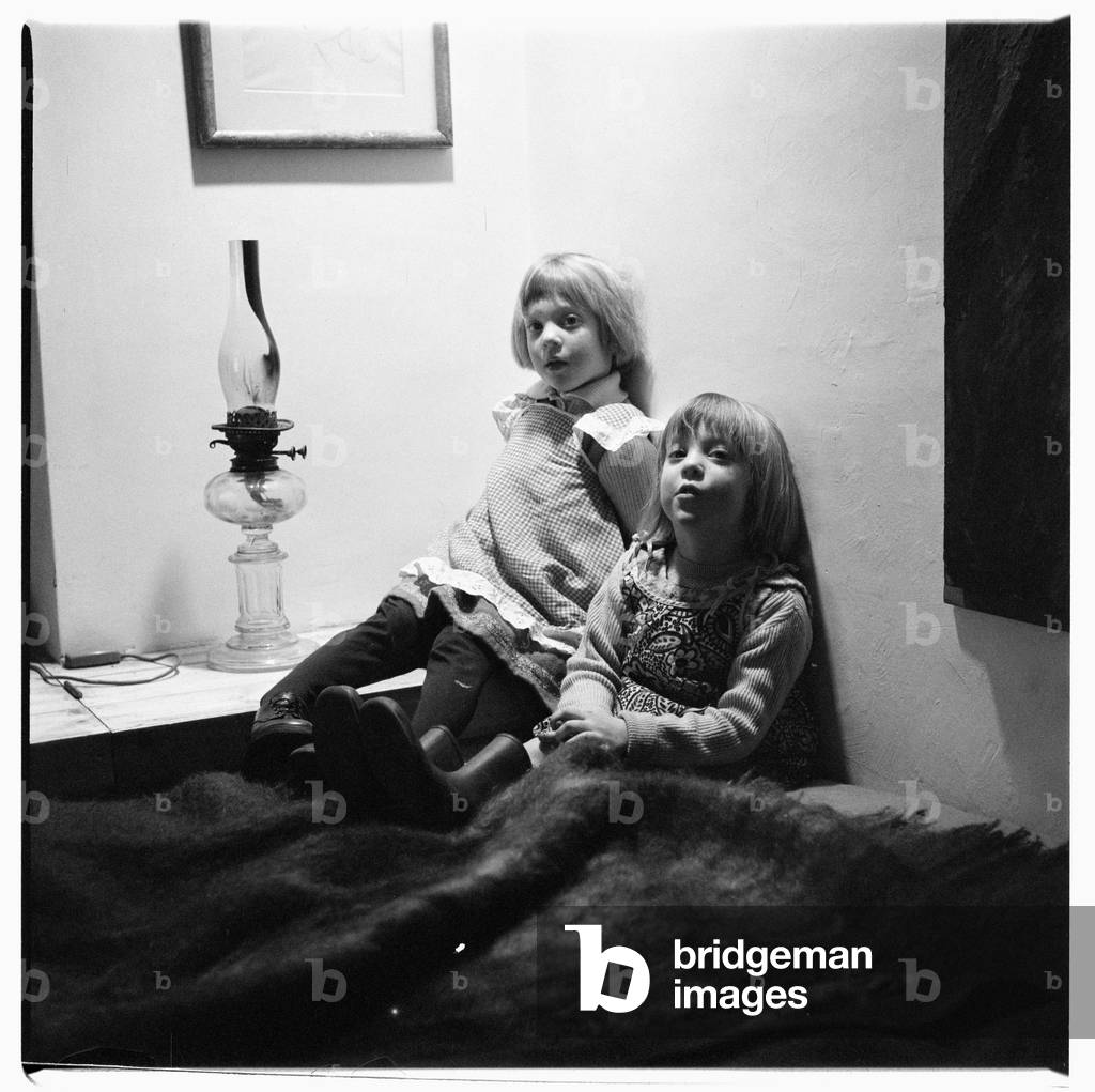Behrens Children, portrait of children of artist Timothy Behrens at home in Britain possibly late 1950's (b/w photo)