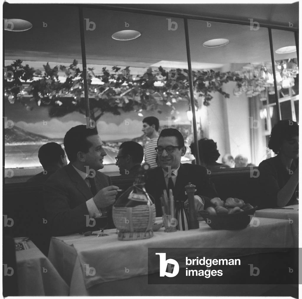 Franco & Mario, portrait of Mario Cassandro and Franco Lagattolla, owners of La Trattoria Terrazza in Romilly Street Soho, London, UK, mid 1950's (b/w photo)