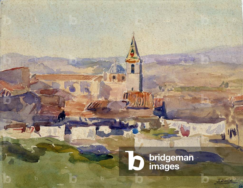Veduta della chiesa e della città di Allauch, di Jules Amic, XX secolo (acquerello)