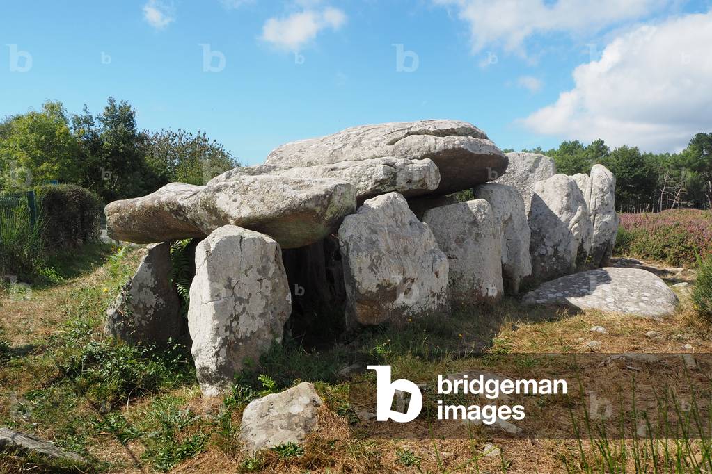 Dolmen, cluster of large stone slabs used as collective spulture, prhistoric period, Carnac, Morbihan, France (photo)