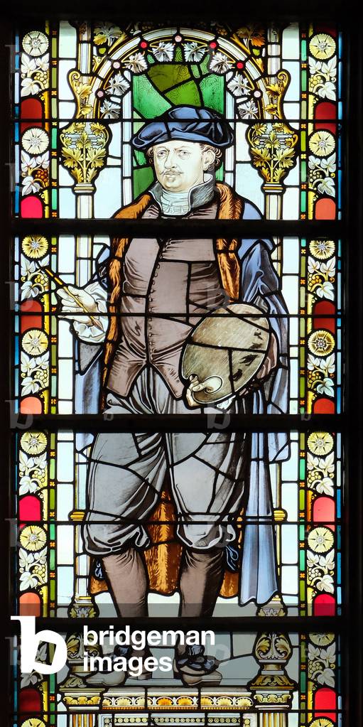 Amsterdam, Netherlands. Rijksmuseum. Stained glass representing the painter Rembrandt