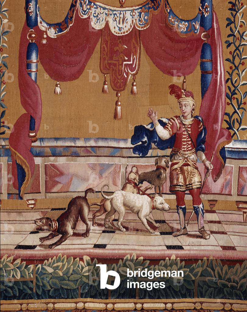 Hunter, hunter detail. Cartons of the curtain created by Jean-Baptiste Monnoyer (Jean-Baptiste Monnoyer, 1636-1699), inspired by Jean Berain pere (1640-1711). Tapestry in low-lice made by the Atelier de Beauvais. Wool and silk. Dim: 260x130cm. Musee des tapestries, Aix en Provence